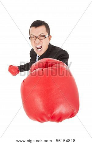 Screaming Businessman Attack To Enemy With Boxing Gloves