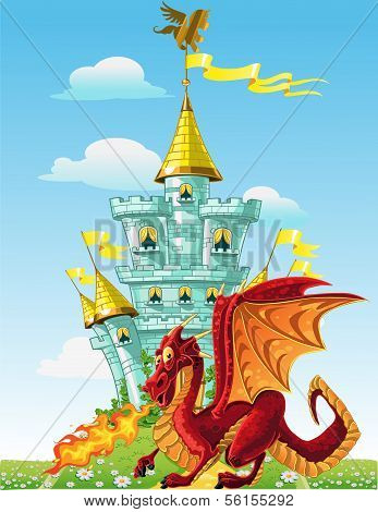 magische MÃ¤rchen roten Drachen in der NÃ¤he der blauen magisches Schloss