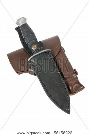 Leather Holster And Knife In Scabbard Isolated On White Background