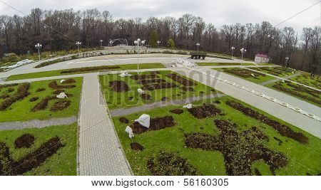 Rosarium in the botanical garden with seedlings and footpath , view from unmanned quadrocopter.