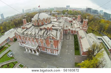 MOSCOW - OCT 10: Cityscape from unmanned quadrocopter on beautiful facade and front territory of Petroff Palace on October 10, 2013 in Moscow, Russia.