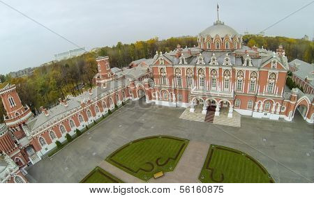 MOSCOW - OCT 10: View from unmanned quadrocopter on beautiful building of Petroff Palace and green lawn in backyard on October 10, 2013 in Moscow, Russia.