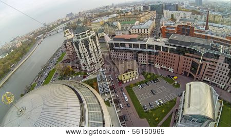 MOSCOW - OCT 11: View from unmanned quadrocopter to Moscow International House of Music with treble clef on the roof and Business complex Riverside Towers on October 11, 2013 in Moscow, Russia.