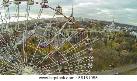 MOSCOW - OCT 22: View from unmanned quadrocopter to ferris wheel against Russian Exhibition Center on October 22, 2013 in Moscow, Russia.