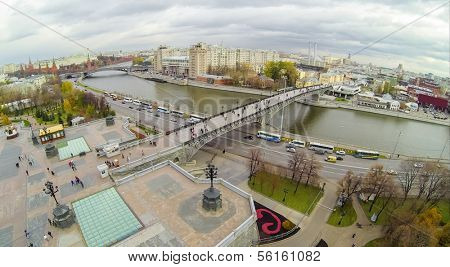 MOSCOW - OCT 20: View from unmanned quadrocopter to Patriarshy Bridge crossed the Moscow River on October 20, 2013 in Moscow, Russia.