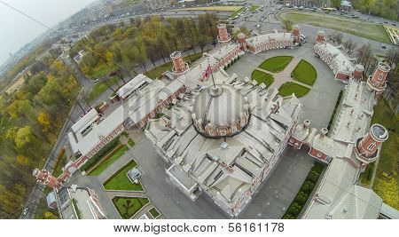 MOSCOW - OCT 10: Cityscape from unmanned quadrocopter with beautiful Petroff Palace and park on October 10, 2013 in Moscow, Russia.