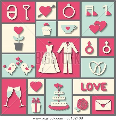 Set Of Flat Vector Icons For Wedding Or Valentine's Day