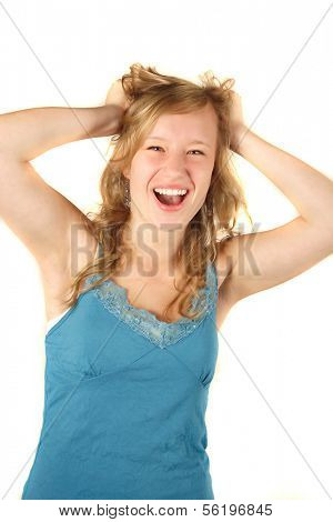 An attractive young woman cheering. All on white background