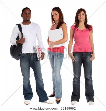 Three attractive students standing next to each other in front of a plain white background.