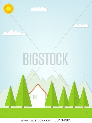 cartoon house on background of mountains.  flat paper illustrati
