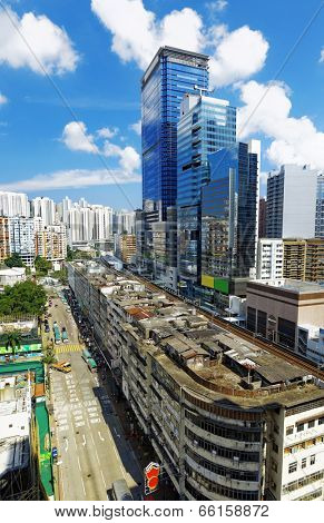 Hong Kong Day, Kwun Tong distract , skyline office buildings and public house urban