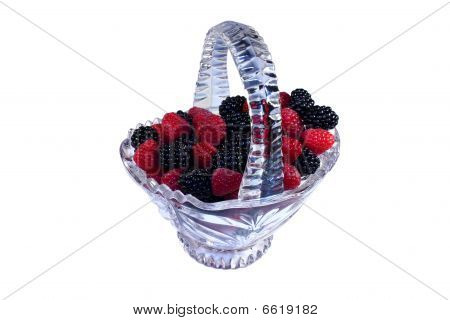 Glass Basket Full Of Raspberries And Blackberries