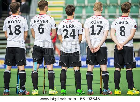 THE HAGUE, NETHERLANDS - JUNE 1: The German hockey team is lined up for the anthem during the Hockey World Cup 2014 (men)