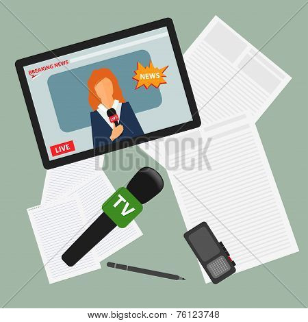 conceptual illustration on the theme of breaking news with tablet with an on-line broadcast