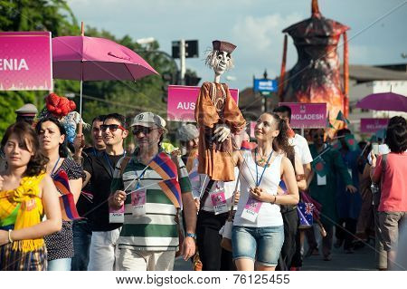 Actors Holding Puppets In Harmony World Puppet Carnival In Bangkok,Thailand 2014 Parade.