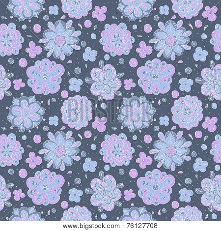 blue doodle flowers seamless pattern