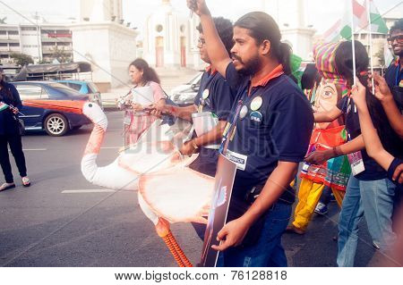 Actors Holding Puppets In Harmony World Puppet Carnival In Bangkok,thailand 2014 Parade.