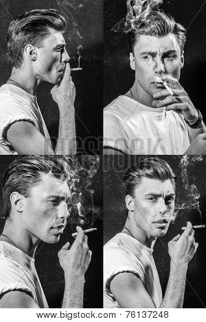Handsome young man smoking cigarette
