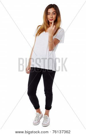 Casual Young Woman Giving A Rude Gesture