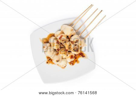 Grilled Chicken Meat Ball With Sweet Spicy Sauce Isolated On White Background