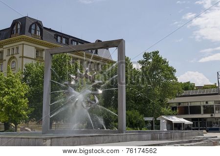 Modern fountain in central square of Plovdiv town