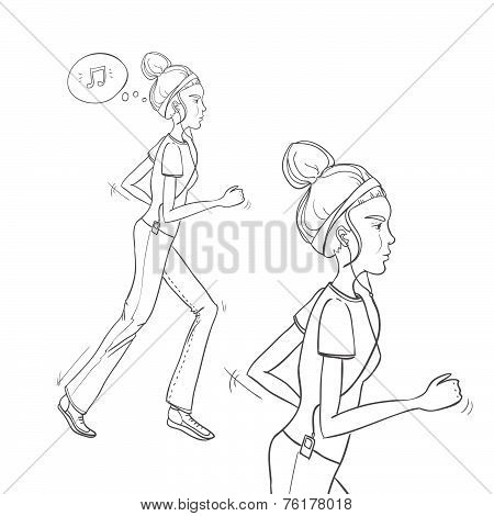 Hand Drawn Illustration - Running Woman. Morning Jog. Vector