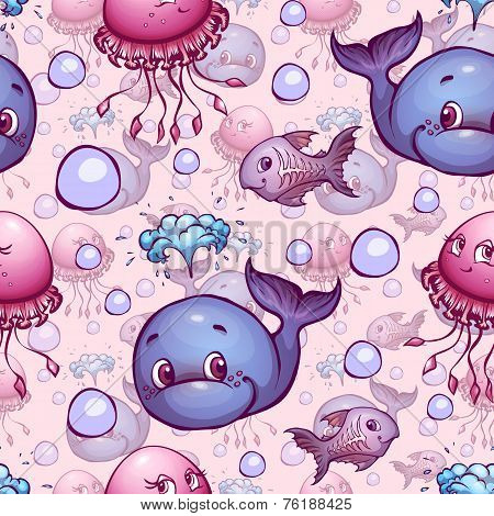 Vector seamless pattern with sea cute animals