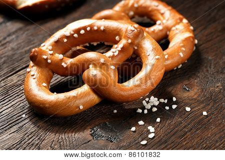 Fresh pretzels with sea salt close-up