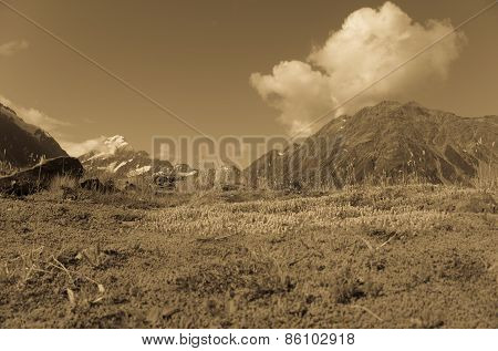 South Island landscape in sepia. Old style image of Hooker Valley, Aoraki-Mount Cook National Park,