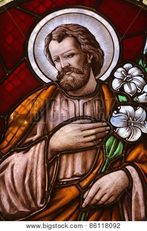 MARIJA BISTRICA, CROATIA - JULY 14: Saint Joseph, stained glass window in Basilica Assumption of the Virgin Mary in Marija Bistrica, Croatia, on July 14, 2014