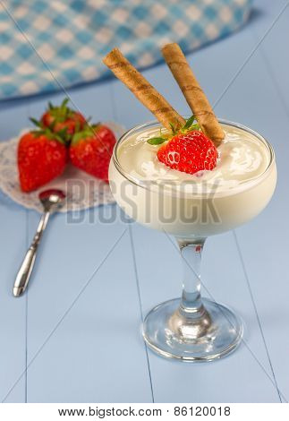Yogurt Dessert With Fresh Strawberry In A Glass
