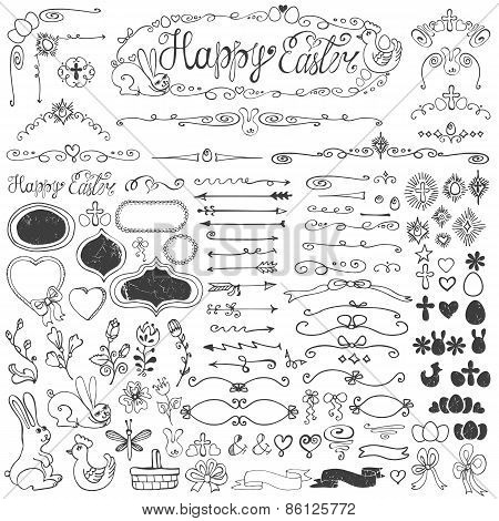 Easter.Doodle borders,egg,badges,ribbons,floral decor element