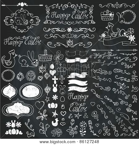 Doodle border,budges,eggs,ribbons,floral easter decor.Chalk