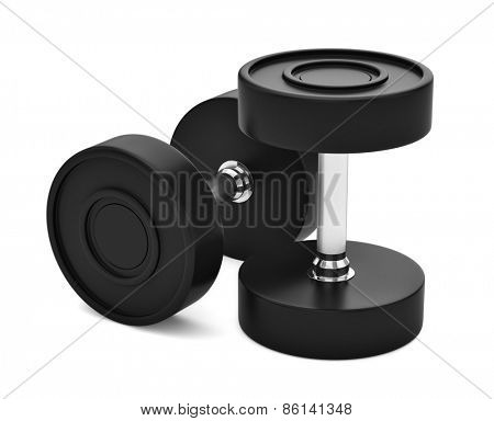 Professional grade poly urethane rubber coated dumbbels with chrome handles isolated on white. 3d render