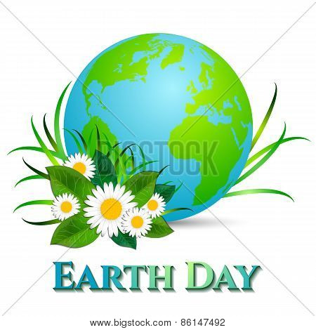 Postcard On April 22 - Earth Day. Globe With Grass And Camomiles On White