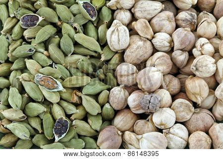 Closeup of Dried green Cardamon pods and Round Siamese Cardamom (Camphor Seed) 