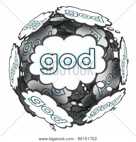 God word in thought clouds to illustrate thinking about spirituality, faith, belief and religion to give hope and purpose in life