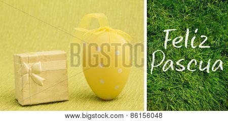 Feliz pascua against grass and egg with little box