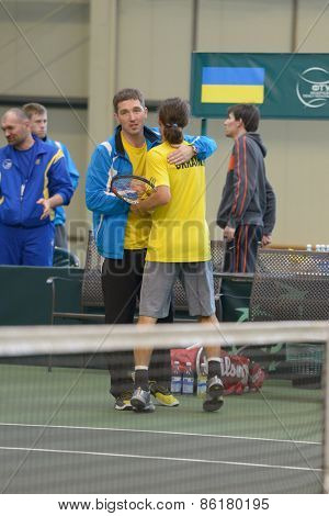 DNEPROPETROVSK, UKRAINE - APRIL 5, 2013: Alexander Dolgopolov, Ukraine win the Davis Cup match Ukraine vs Sweden. Ukraine won the match 3-2