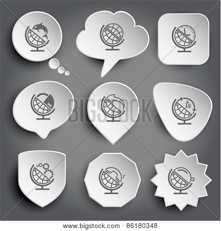 globe and shamoo, and clock, and lock, and arrow, and recycling symbol, and gears, and handset, and loupe. White raster buttons on gray.