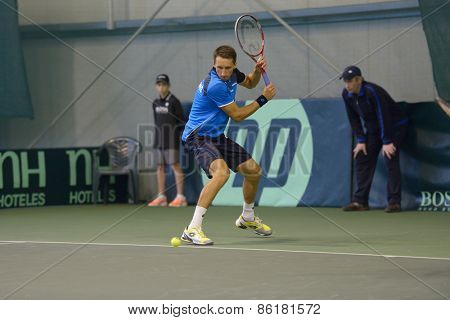 DNEPROPETROVSK, UKRAINE - APRIL 6, 2013: Sergey Stakhovsky, Ukraine in the Davis Cup match Ukraine vs Sweden. Ukraine won the match 3-2