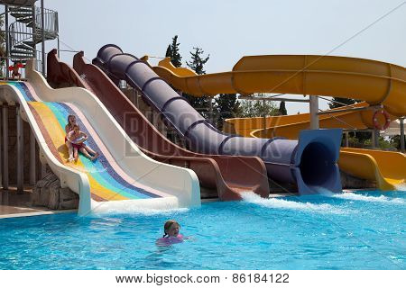 Aquapark sliders, aqua park, water park, pool.