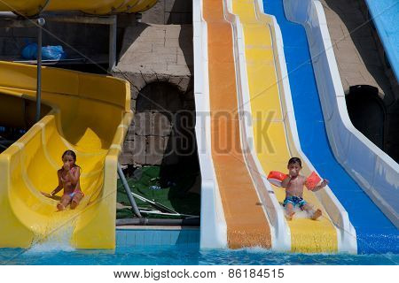 Aquapark sliders, aqua park, water park, pool.