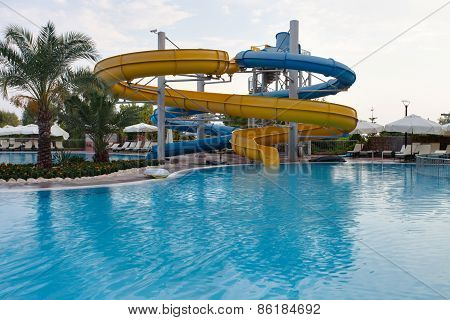 Aquapark sliders, aqua park, water park, pool.