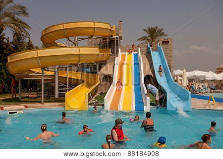 Aquapark sliders, aqua park, water park, pool.