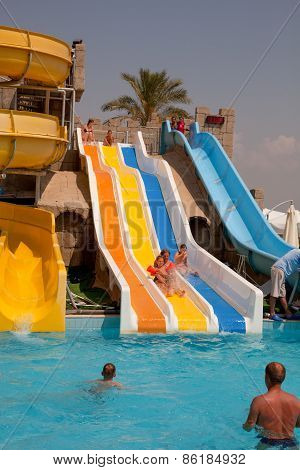 Aquapark sliders, aqua park, water park, pool.