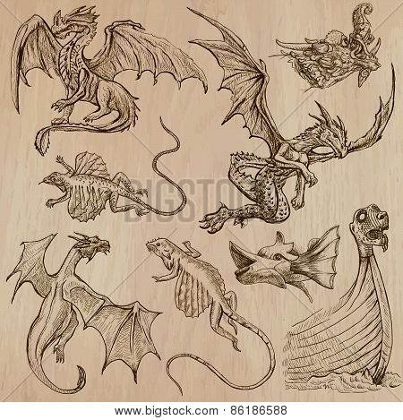 Dragons. An Hand Drawn Vectors In One Pack.