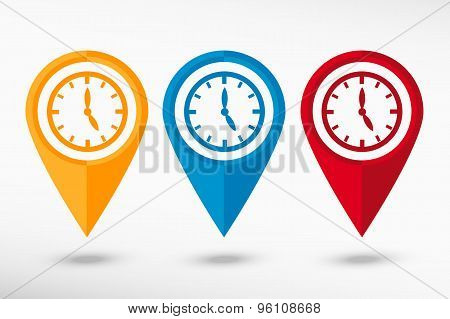 Watches map pointer, vector illustration. Flat design style