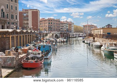 Canal With Boats In Livorno, Tuscany, Italy