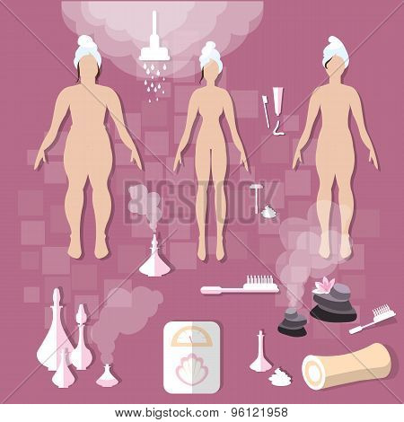 Hygiene body care women slimming spa aroma bath sauna vector illustration
